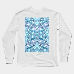 Blue and Teal Diamond Doodle Pattern Long Sleeve T-Shirt